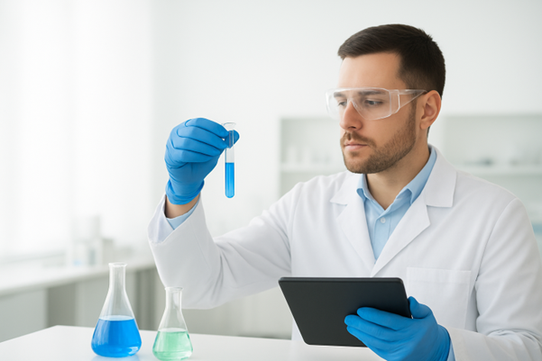 Man in formal attire using a tablet for environmental monitoring outdoors.