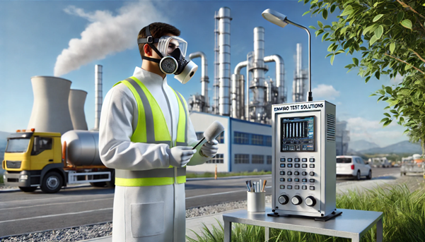 Scientist in protective suit using advanced device for air quality testing outdoors.