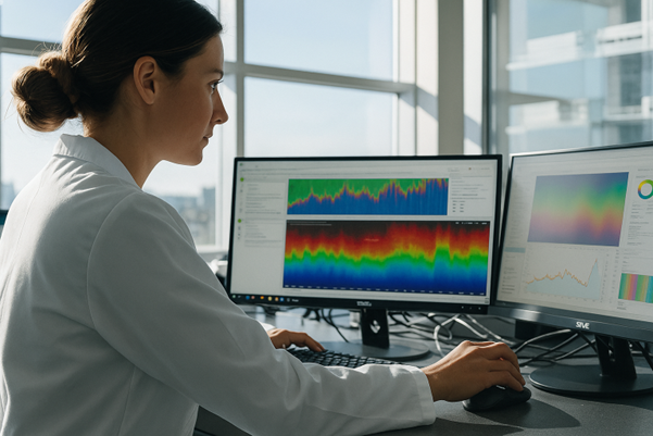 Female scientist using handheld device for outdoor air quality testing.