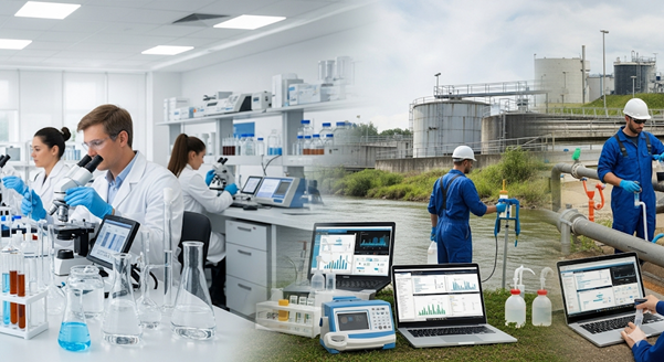 Lab scientists and field technicians are testing water and wastewater with advanced equipment and digital monitoring.